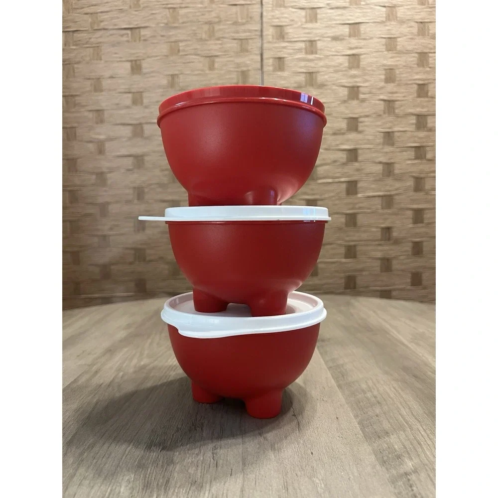 Tupperware 3 Red Salsa Bowls 2 White Lids‎ 450 ml 15 oz